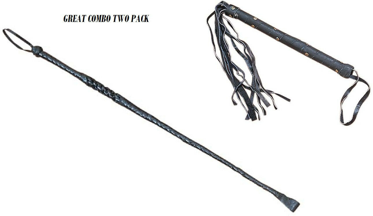 Genuine Black Leather Riding Crop Whip & Leather Cat Whip